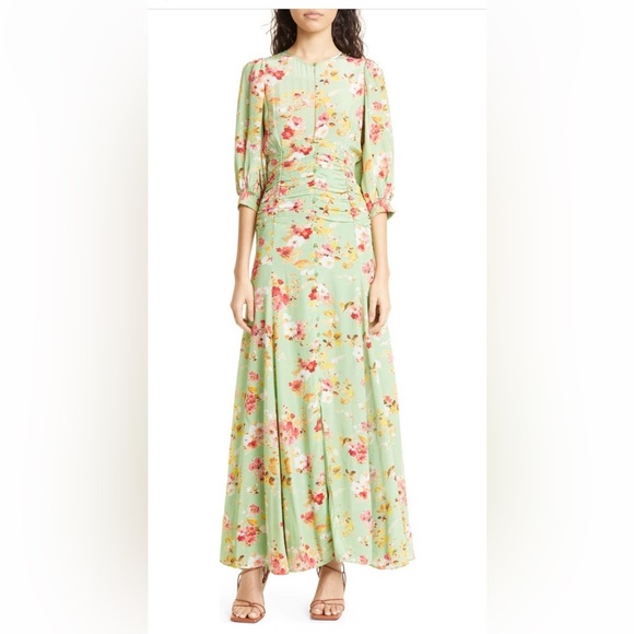 ByTimo Satin Green Bouquet Floral Print Ruched Gown - Picture 1 of 10